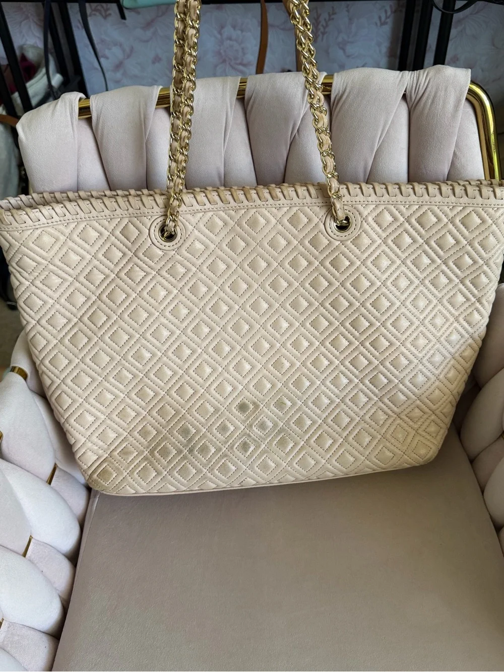 Tory Burch Marion Beige Quilted Leather Tote